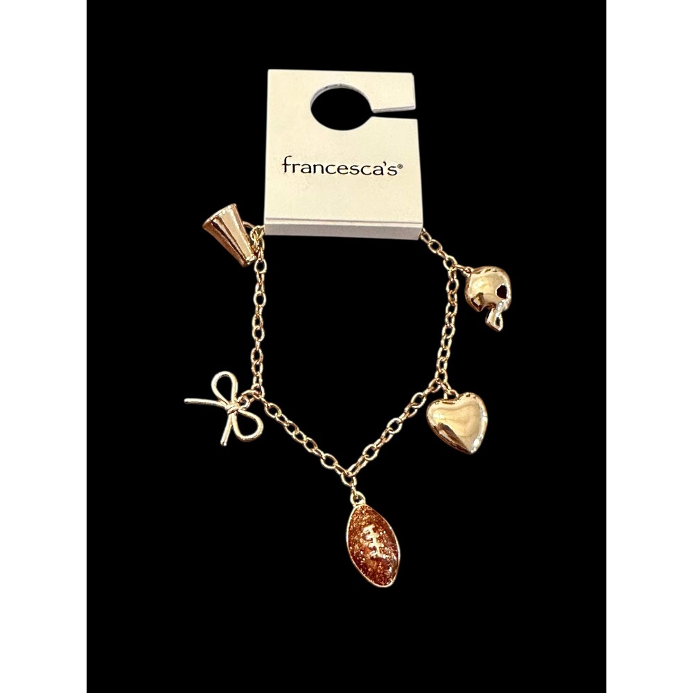 Francesca's Gold Tone Football Cheer Game Day Charm Bracelet Megaphone Bow Heart